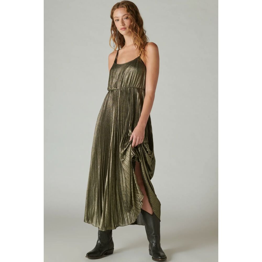 Lucky Brand Pleated Party Midi Dress Womens XL Metallic Shimmering Gold NWT